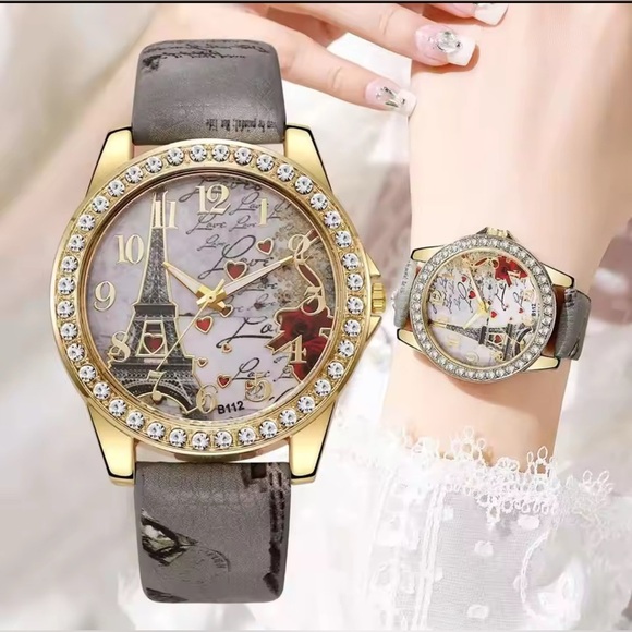 Elegant High Fashion Women’s Quartz Gold and Gray Eiffel Tower Love Watch Grey - Picture 9 of 9